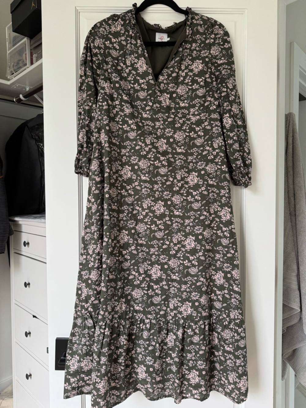 The Nines by Hatch Olive Green Midi Dress with Light Pink Floral